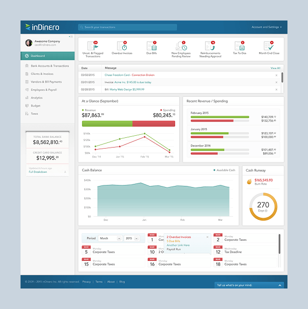 Redesigned inDinero client dashboard